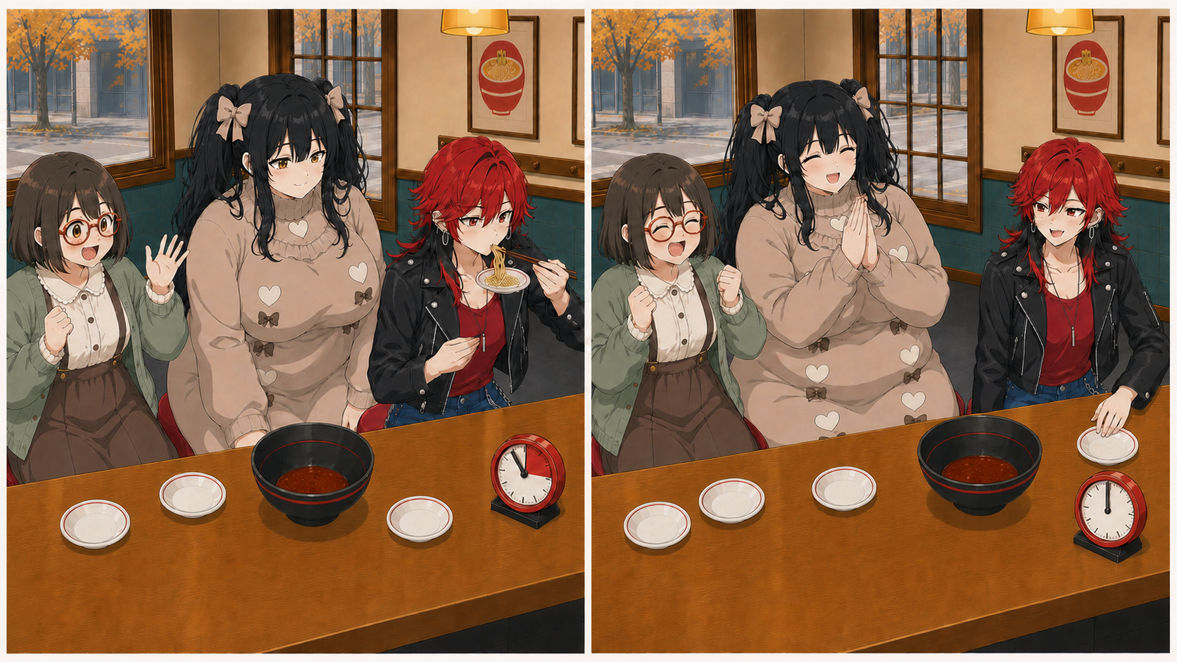 激辛ラーメンを囲む三人の制作資料