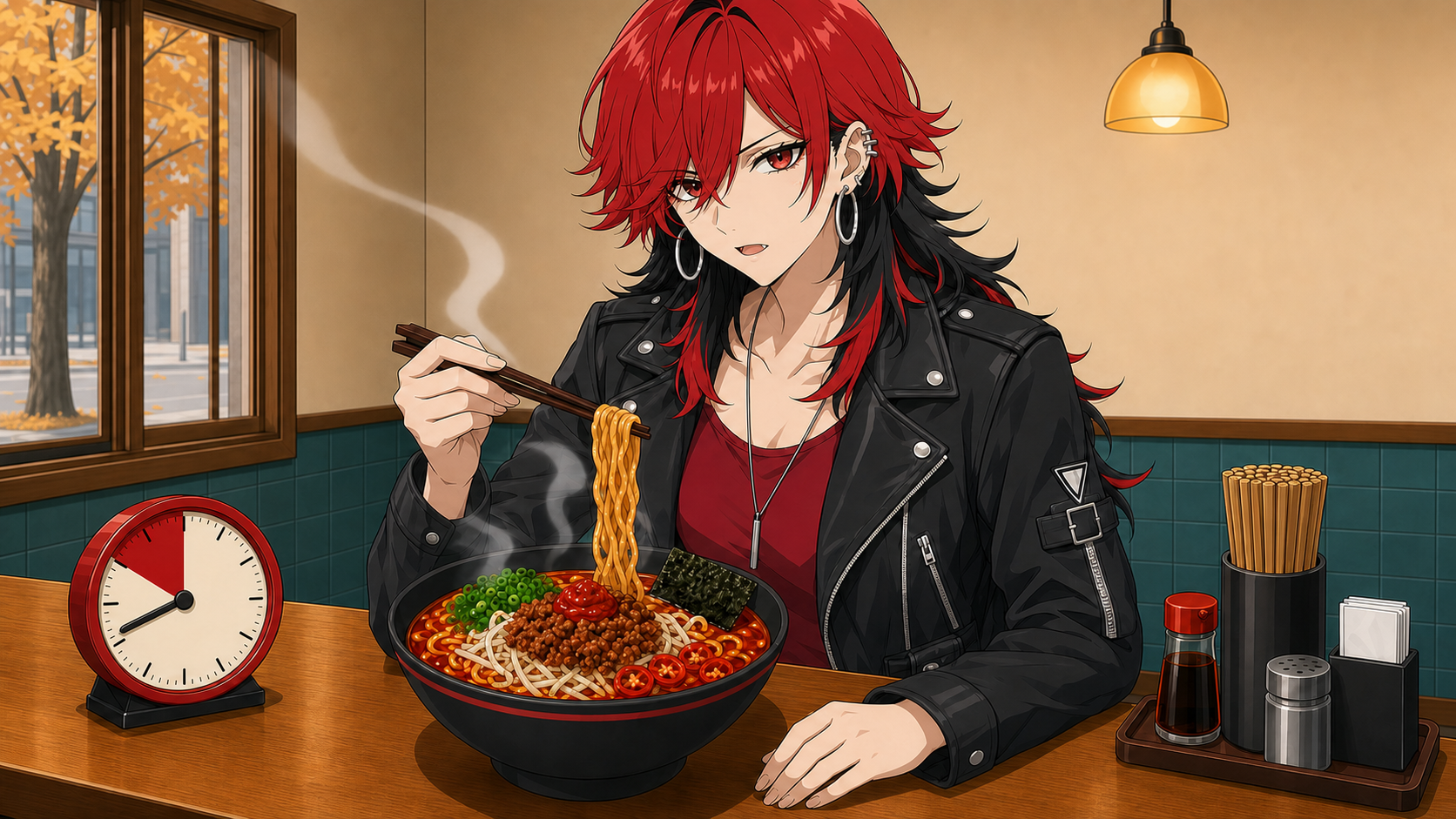 激辛ラーメンを持ち上げる阿久科芥子