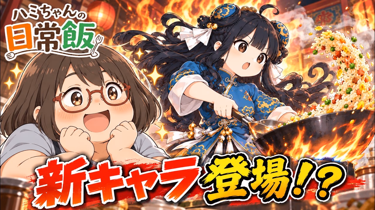 チャーハンを作る林素と、目を輝かせるハミちゃん