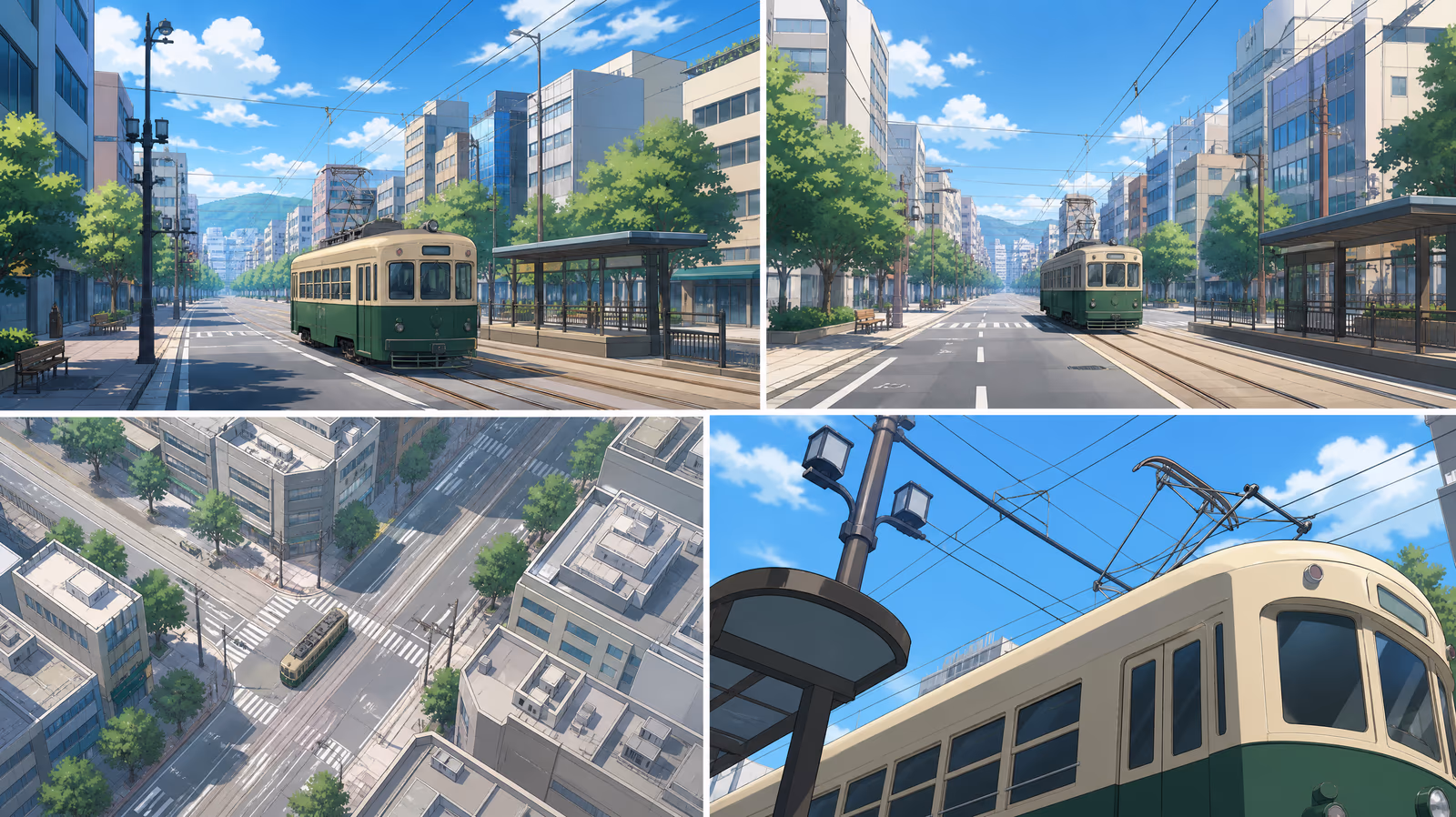 青空の下を走る広島の路面電車のイラスト