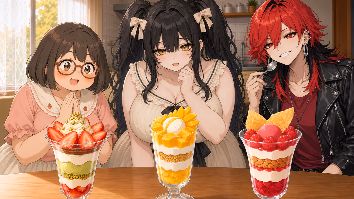 3人でパフェを楽しむ、パフェ編の制作イラスト