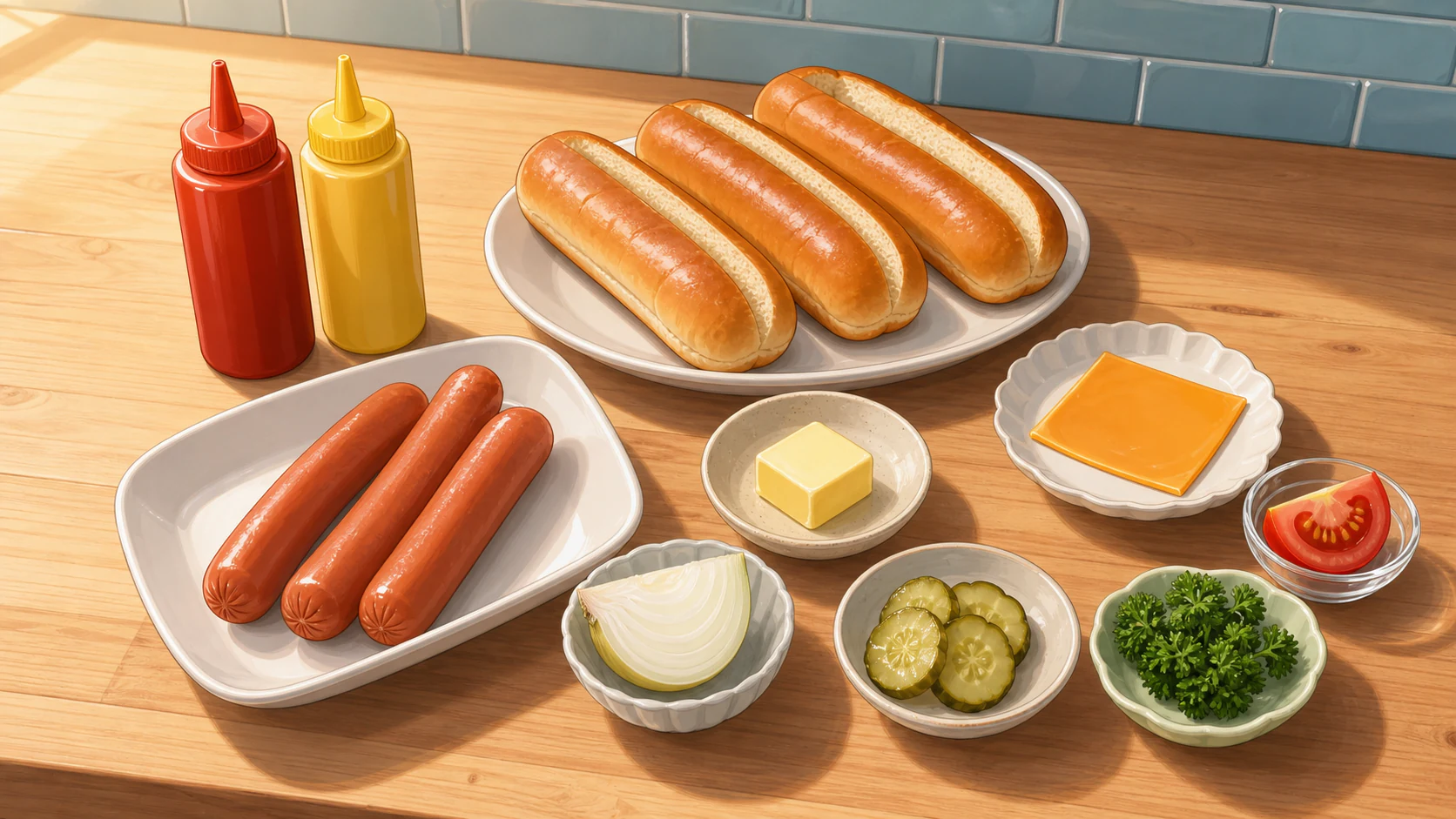 映画館みたいな3種のホットドッグの家庭向け材料イメージ。GPT-image-2で作成