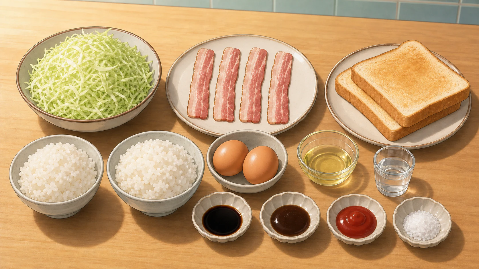 黄身とろり・目玉焼き朝食プレートの家庭向け材料イメージ。GPT-image-2で作成