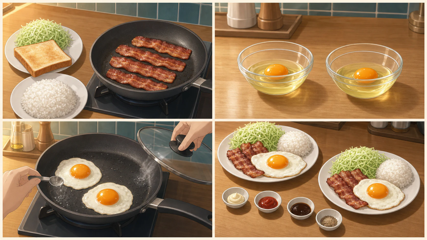 黄身とろり・目玉焼き朝食プレートの家庭向け調理工程イメージ。GPT-image-2で作成
