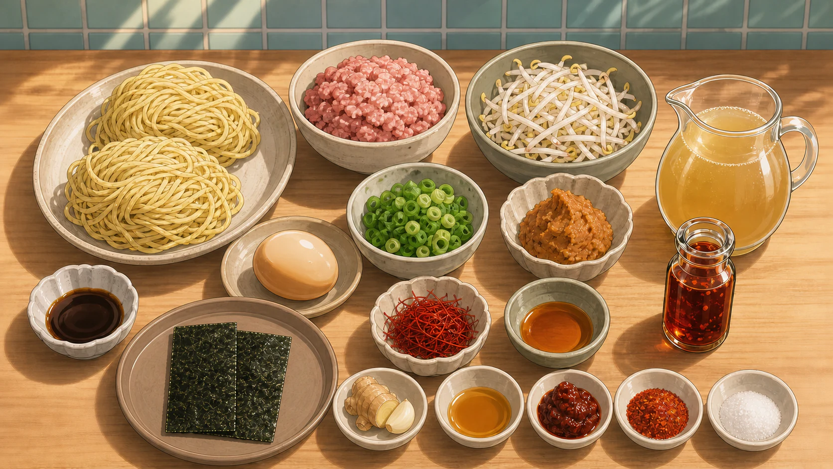 紅蓮の辛味噌ラーメン おうち再現の家庭向け材料イメージ。GPT-image-2で作成