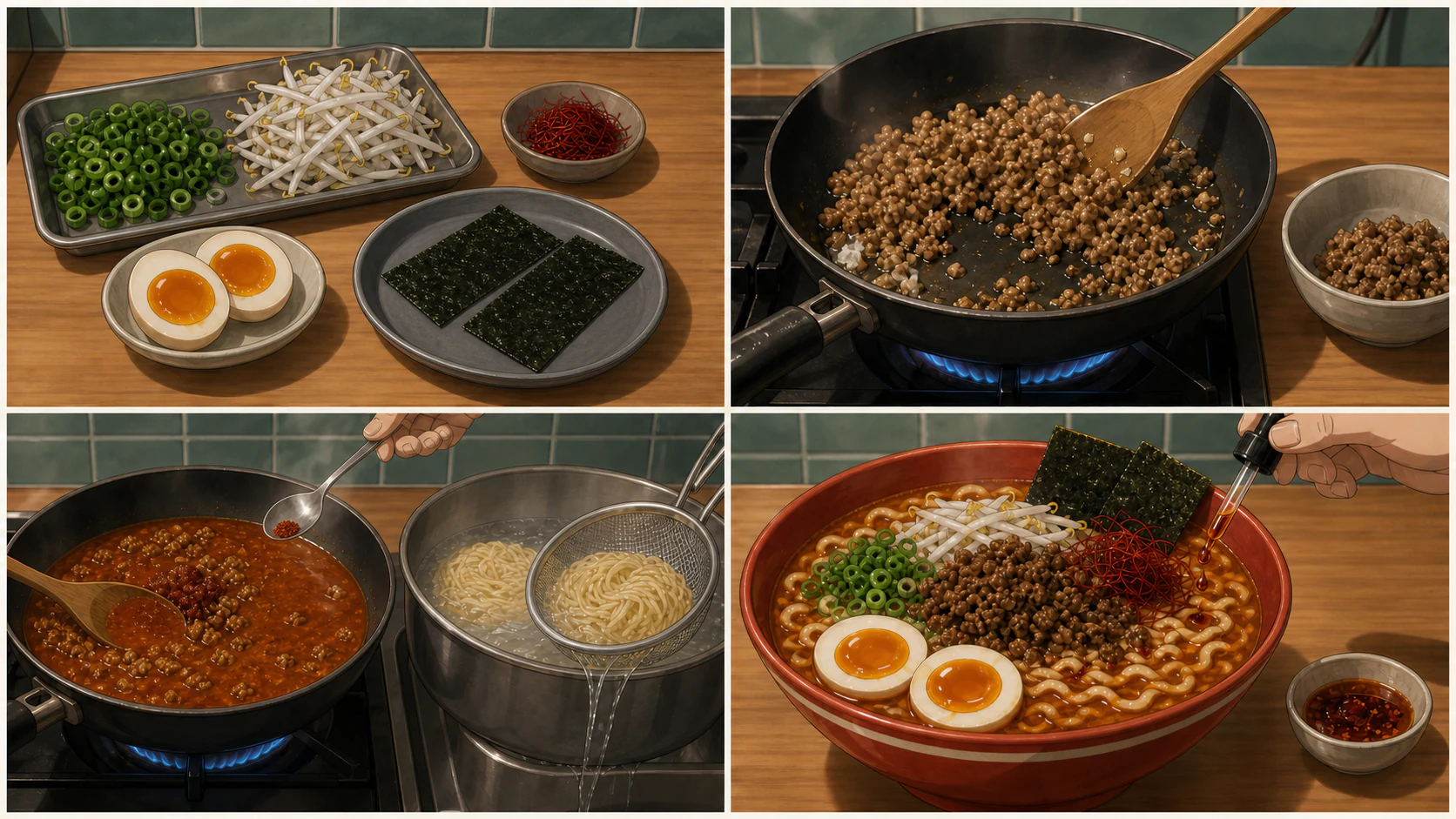紅蓮の辛味噌ラーメン おうち再現の家庭向け調理工程イメージ。GPT-image-2で作成